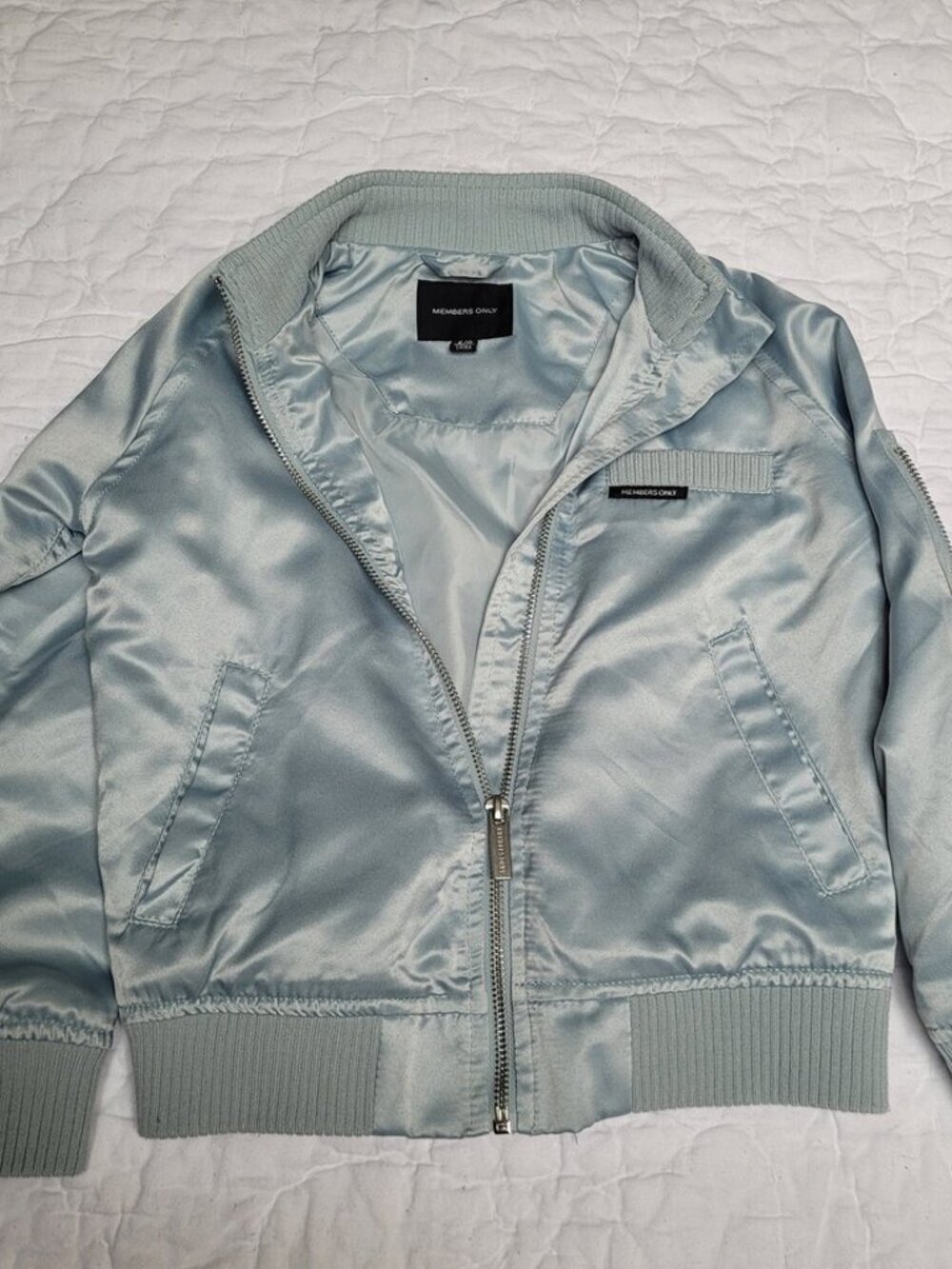 Members Only Kids Satin Bomber Jacket Sage Blue Size 5/6 Full Zip